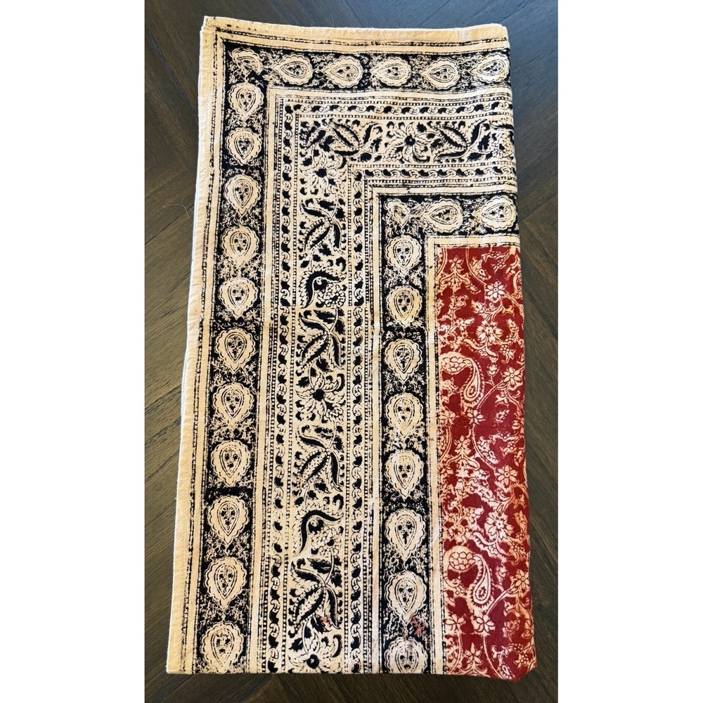 Vintage Indian Block Print Floral Tablecloth Border Black Burgundy Square 44"